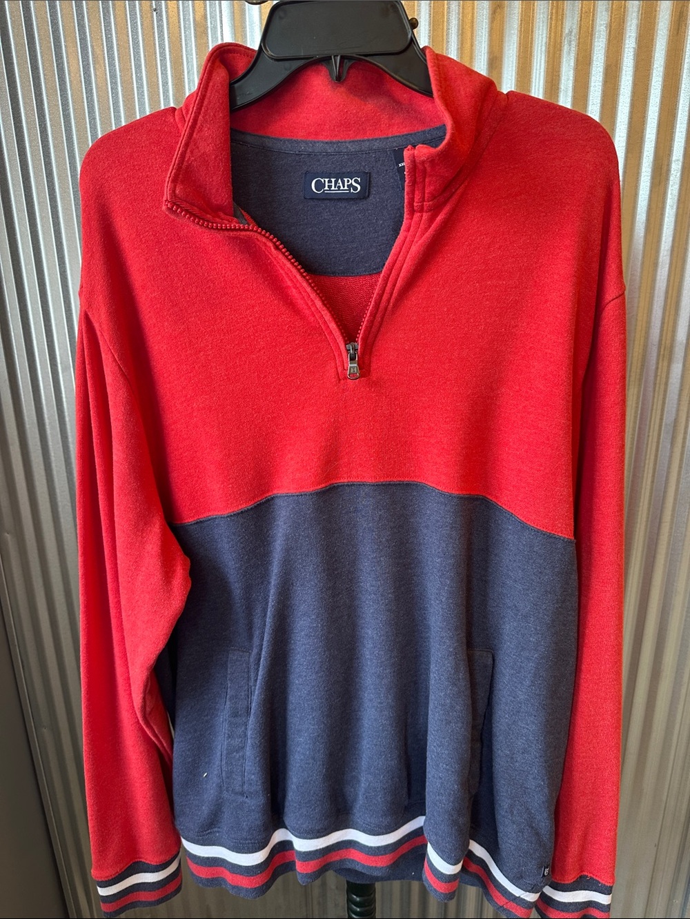 Chaps Men's Red and Navy Colorblock Quarter-Zip Sweater